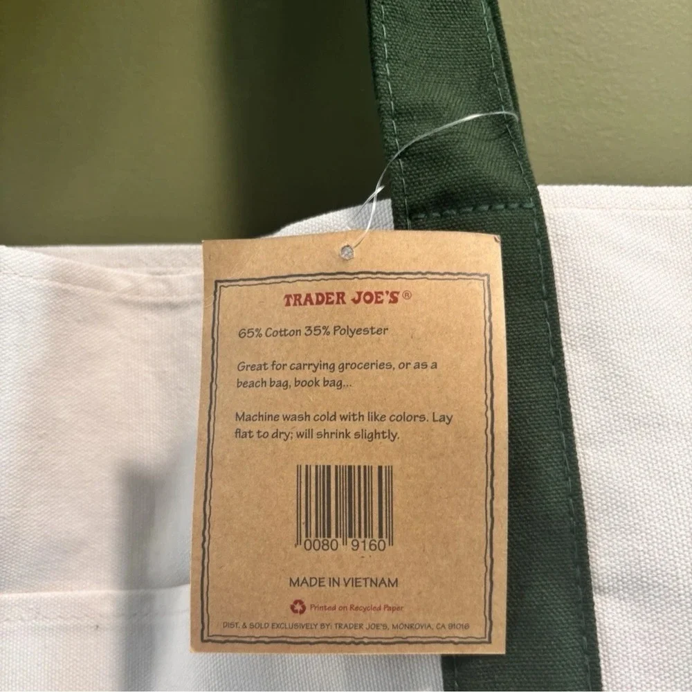 Trader Joe's Reusable Canvas Tote Bag Cream Green Embroidery 0080 9160